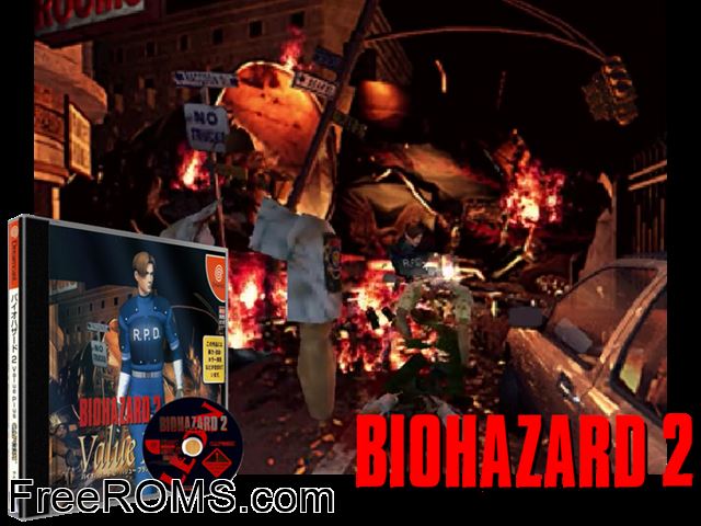 Biohazard 2 Value Plus v1.005 (JP)(Disc 1 of 2)[Leon] Sega Dreamcast game showing 3D box cover and gameplay screenshot